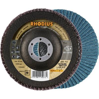 Disco abrasiva con la scritta 'RHODIUS'. Dimensione: 125 mm. Idoneo per: 80 m/s, 12200 giri/min. Contiene specifiche del prodotto e marcature.