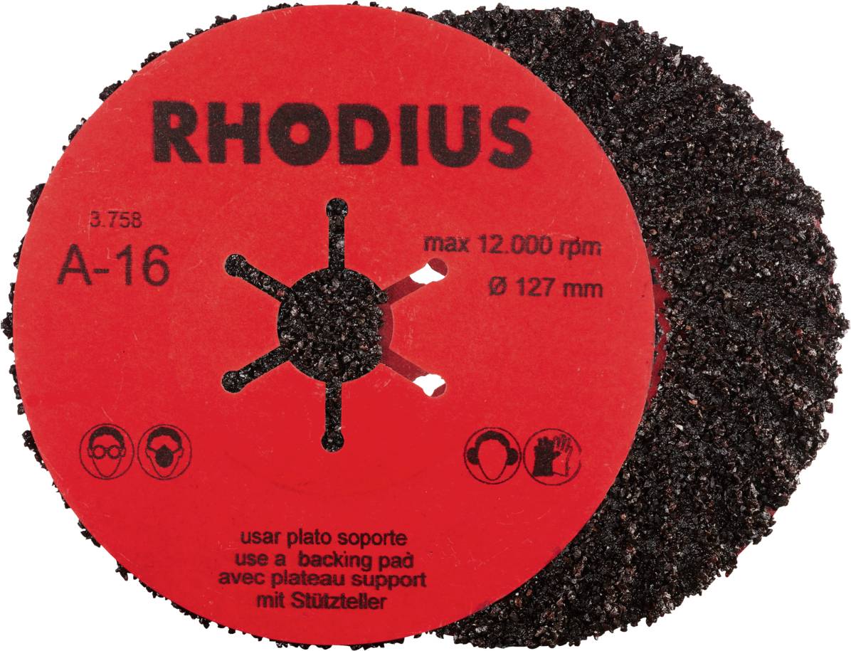 Disco abrasiva con scritta 'RHODIUS', velocità massima 12.000 giri/min, diametro 127 mm. Informazioni di sicurezza e supporto disponibili.