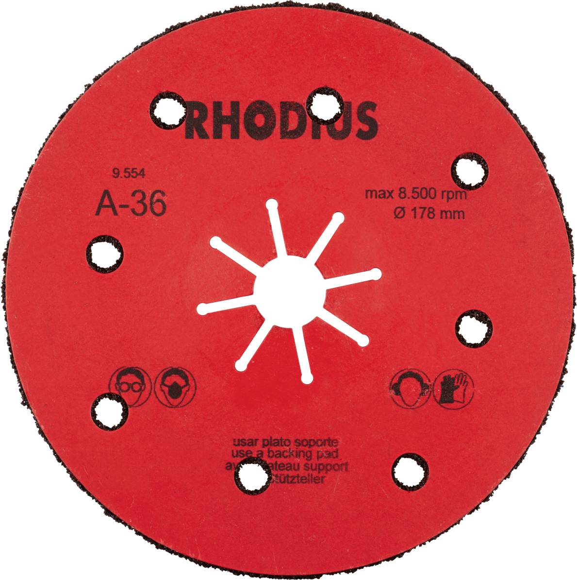 Disco abrasiva rossa con la scritta 'Rhodus A-36'. Adatta per 8.500 giri/min e diametro di 178 mm, con icone di sicurezza in basso.
