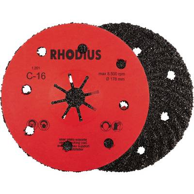 Disco abrasiva con etichetta rossa 'RHODIUS C-16'. L'etichetta indica max. 8.500 giri/min, ø 178 mm. Simboli per le misure di protezione.