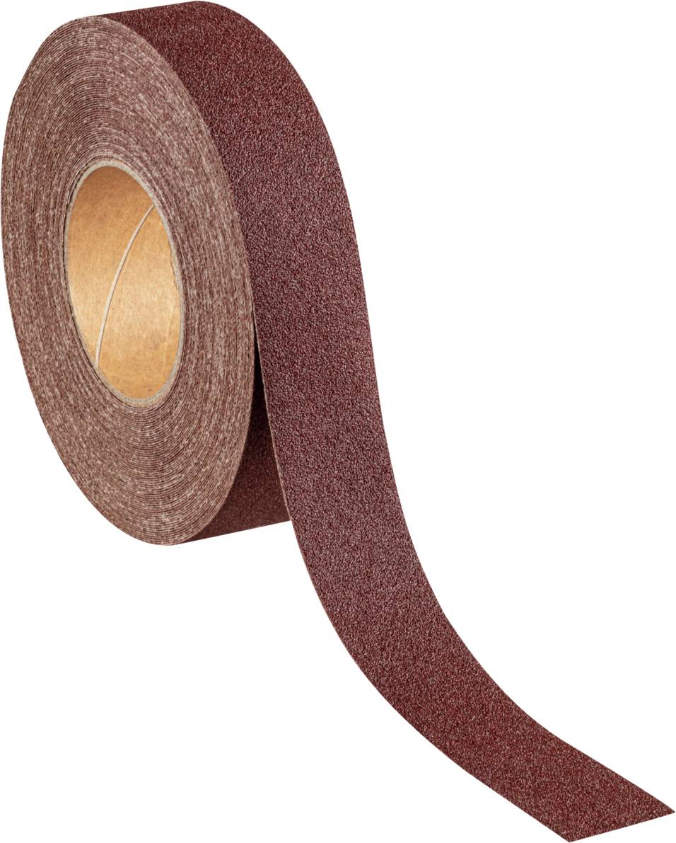 Nastro abrasivo marrone, parzialmente srotolato, con superficie ruvida. Utilizzato per lavori di levigatura su diversi materiali.