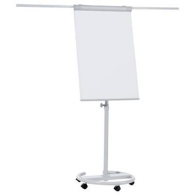 Un flipchart vuoto su un supporto metallico con ruote, adatto per presentazioni o riunioni in un ufficio o in una sala conferenze.