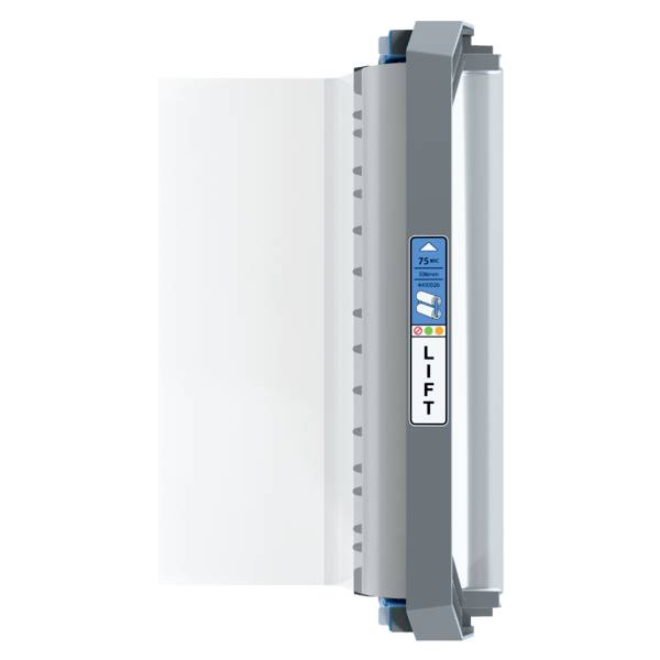 Un sistema di sollevamento grigio con elementi blu e bianchi, fissato verticalmente a una superficie trasparente, con la scritta 'LIFT'.
