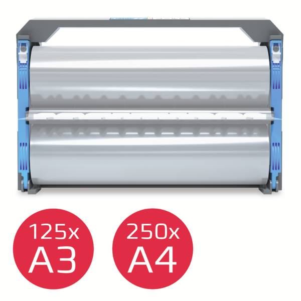 Stampante laser con due rulli di carta. In alto: rullo con 125 fogli A3. In basso: rullo con 250 fogli A4.