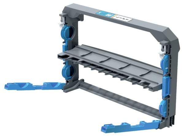 Supporto a morsetto per batterie in plastica, grigio e blu. Serve per un fissaggio e un supporto sicuro in un'installazione tecnica.