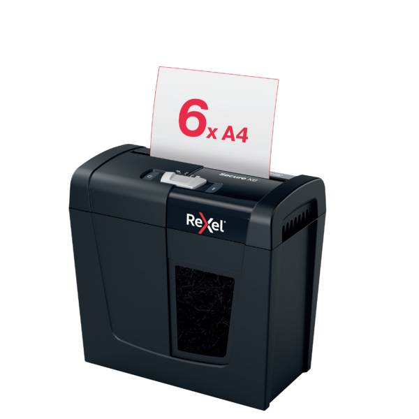 Distruttore di documenti nero Rexel, modello Prostyle+ 5, in grado di triturare fino a 6 fogli A4 contemporaneamente a strisce.