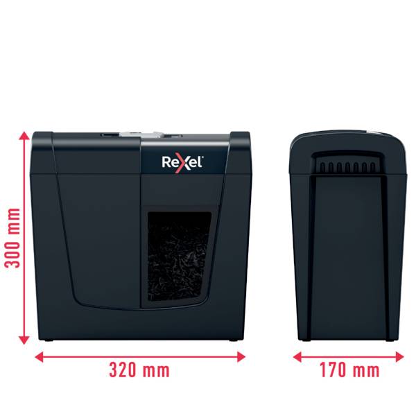 Distruggidocumenti Rexel, vista frontale e laterale. Dimensioni: 320 mm di larghezza, 300 mm di altezza, 170 mm di profondità. Frammenti di carta tritati visibili.