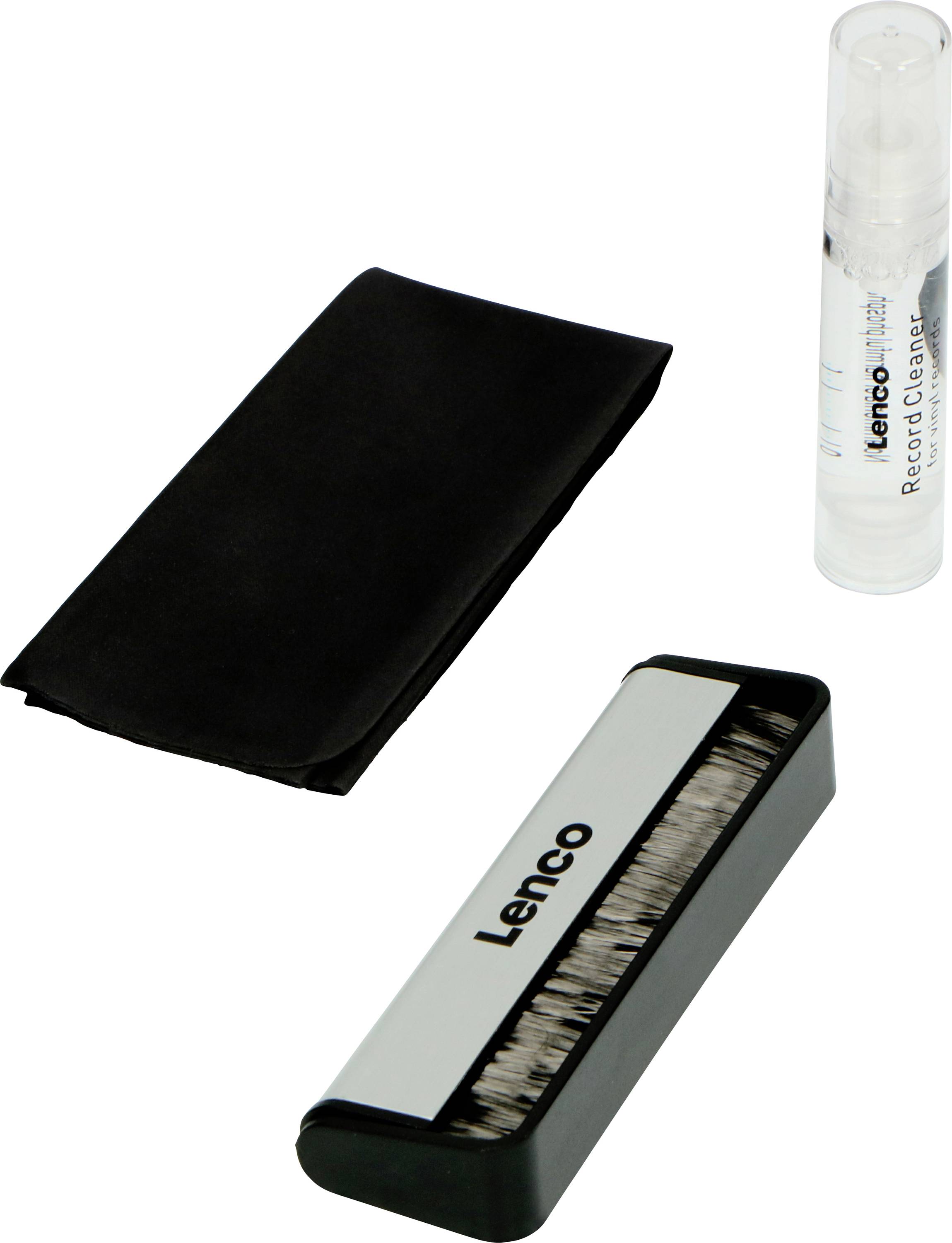 Set per la pulizia dei dischi in vinile composto da una spazzola, un panno nero e una bottiglia di liquido detergente.