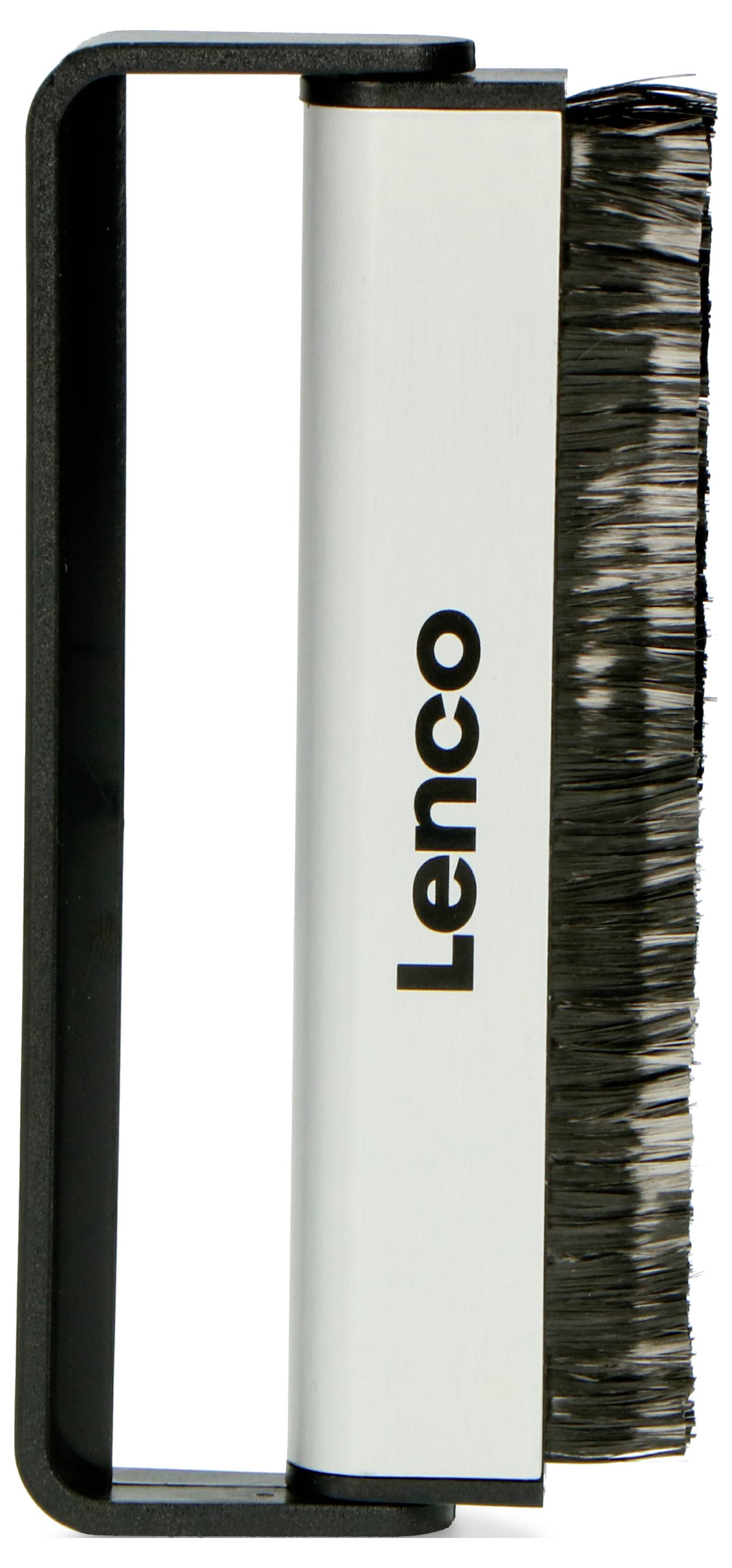 Spazzola per la pulizia dei dischi in vinile con manico nero e setole sottili, con la scritta 'Lenco' sopra.