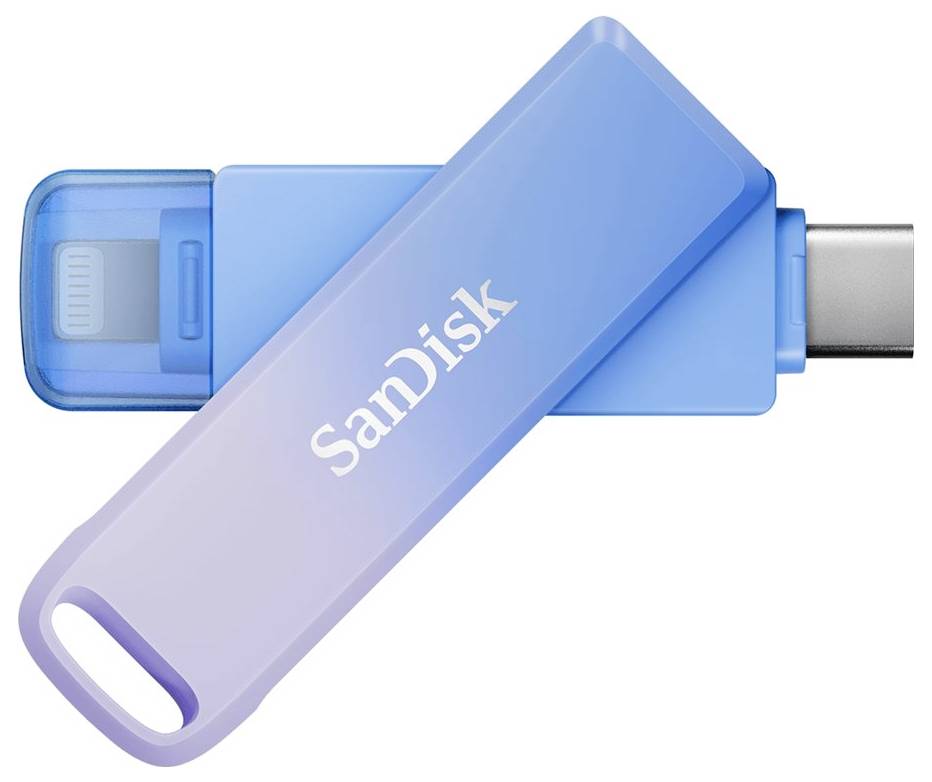 Chiavetta USB in blu con logo 'SanDisk' stampato, parzialmente aperta. Mostra le porte USB-C e USB-A.