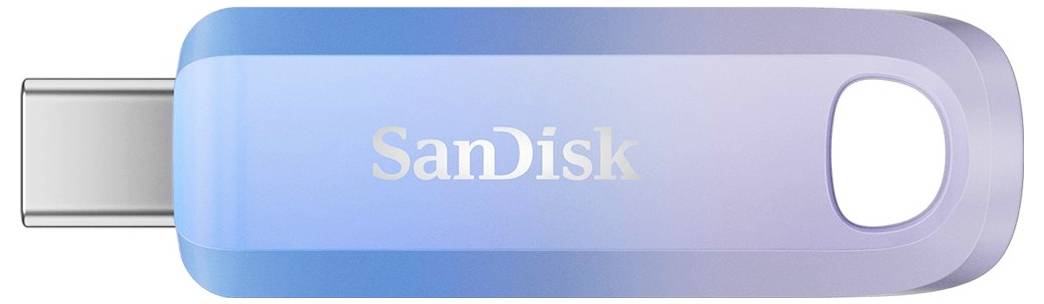 Chiavetta USB SanDisk, sfumatura blu-viola, connettore USB-C sul lato sinistro, logo del marchio 'SanDisk' al centro.