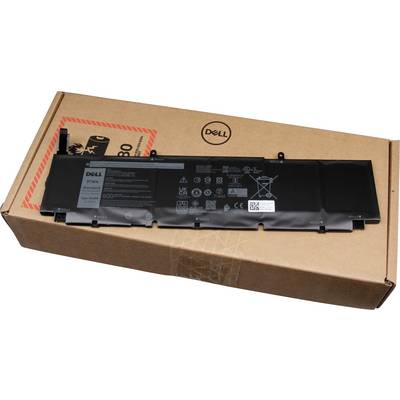 Batteria del laptop Dell sulla confezione. Forma rettangolare nera con indicazioni di potenza e simboli di avvertenza in alto. Confezione in cartone.