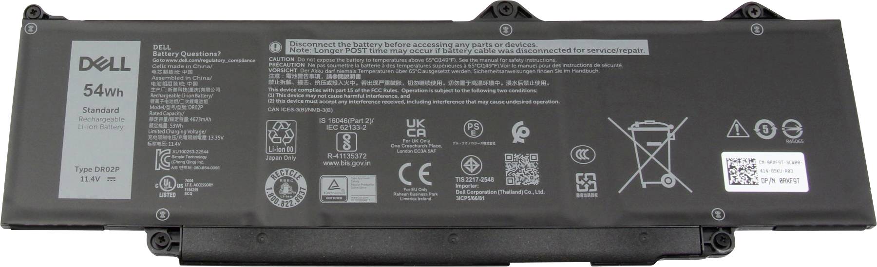 Batteria per laptop nera con logo aziendale, indicazione della capacità '54 Whr', numero di modello e tipo, nonché avvertenze in più lingue.