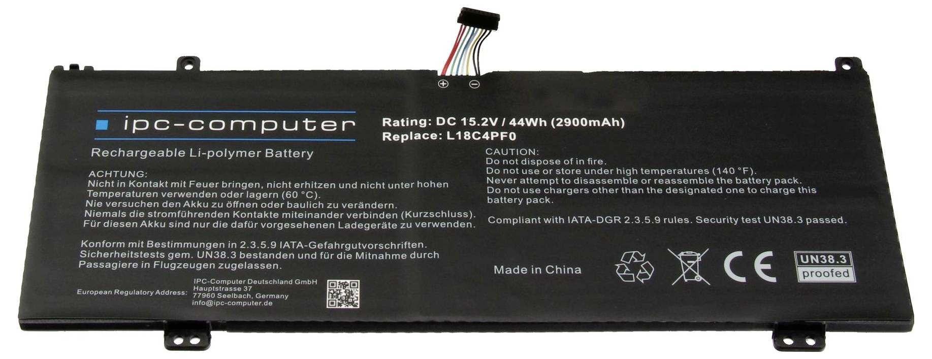 Batteria Lithium-Polymer nera con scritta 'Rating: DC 15.2V / 44Wh (2900mAh)'. Avvertenze in tedesco e inglese, informazioni del produttore.