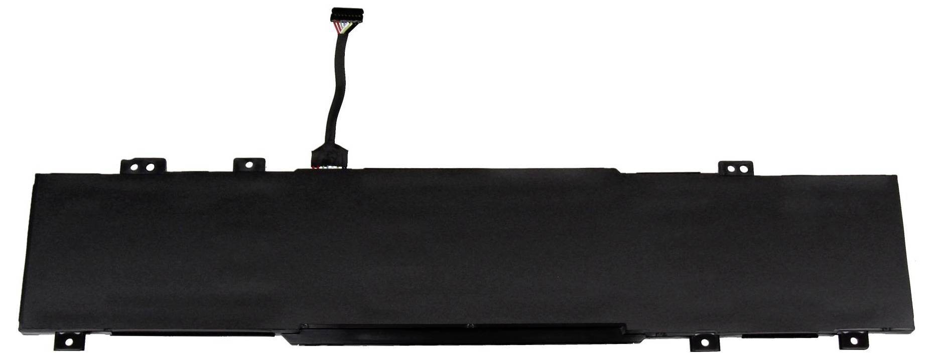 Una batteria per laptop piatta e rettangolare con un attacco per cavo sulla parte superiore.