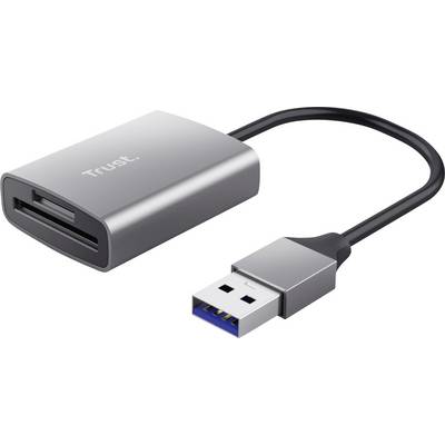 Lettore di schede USB di Trust con cavo USB, idoneo per diversi tipi di schede di memoria. Principalmente realizzato in argento.