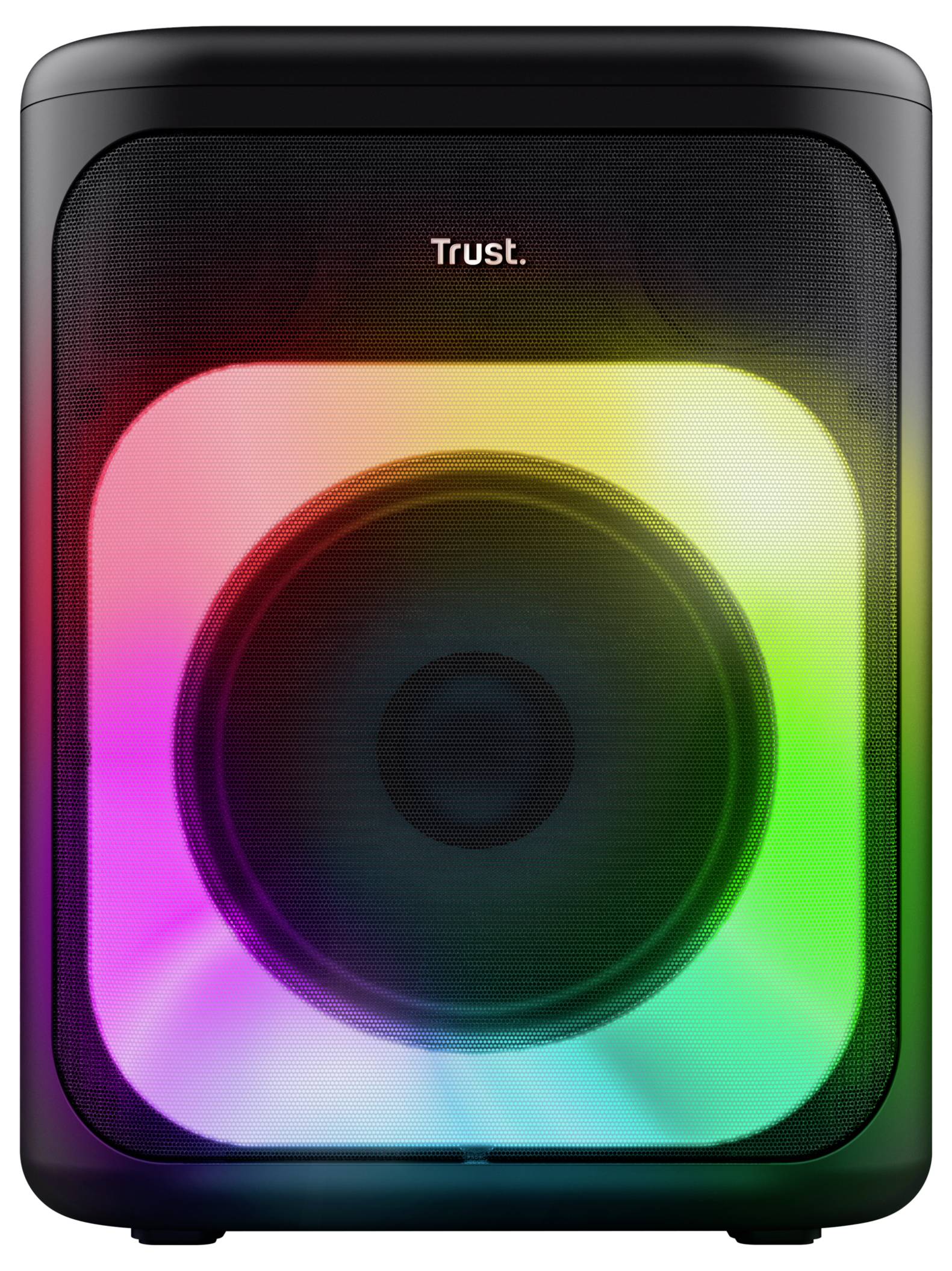 Altoparlante nero con LED luminosi e colorati che creano un effetto arcobaleno. Stampa con il marchio 'Trust' visibile nella parte superiore.