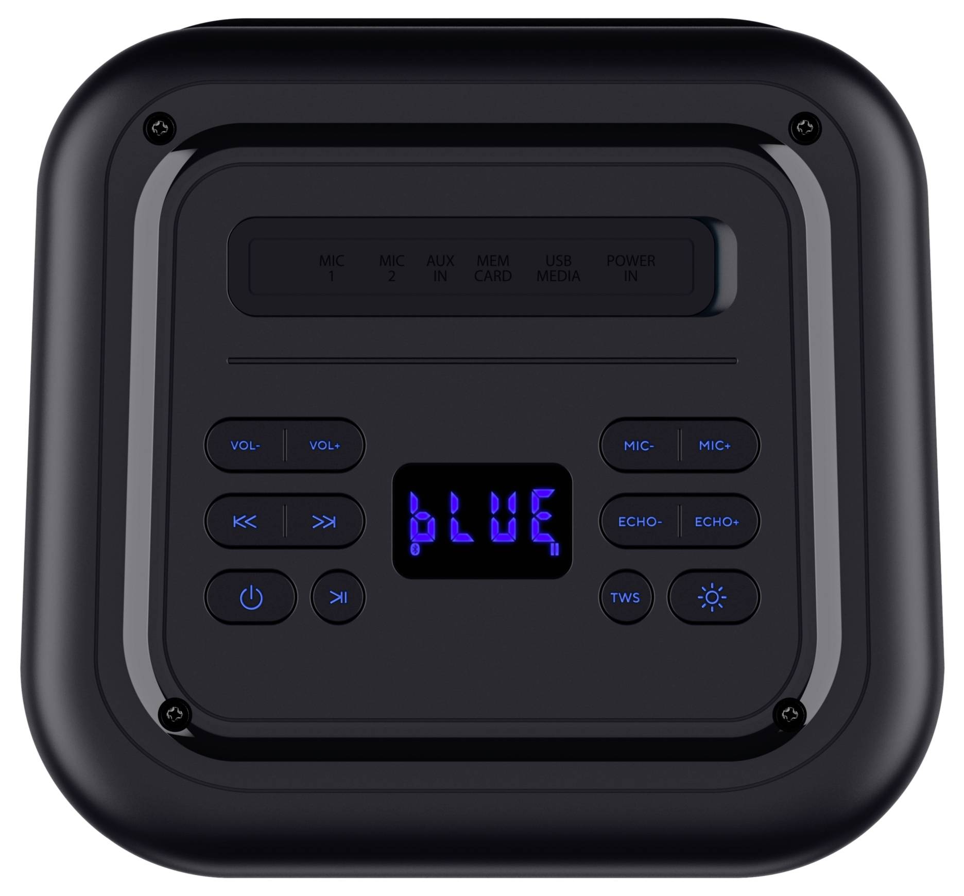 Controllo altoparlanti nero con tasti per volume, cambio brano e modalità. Il display mostra 'BLUE' per la modalità Bluetooth.