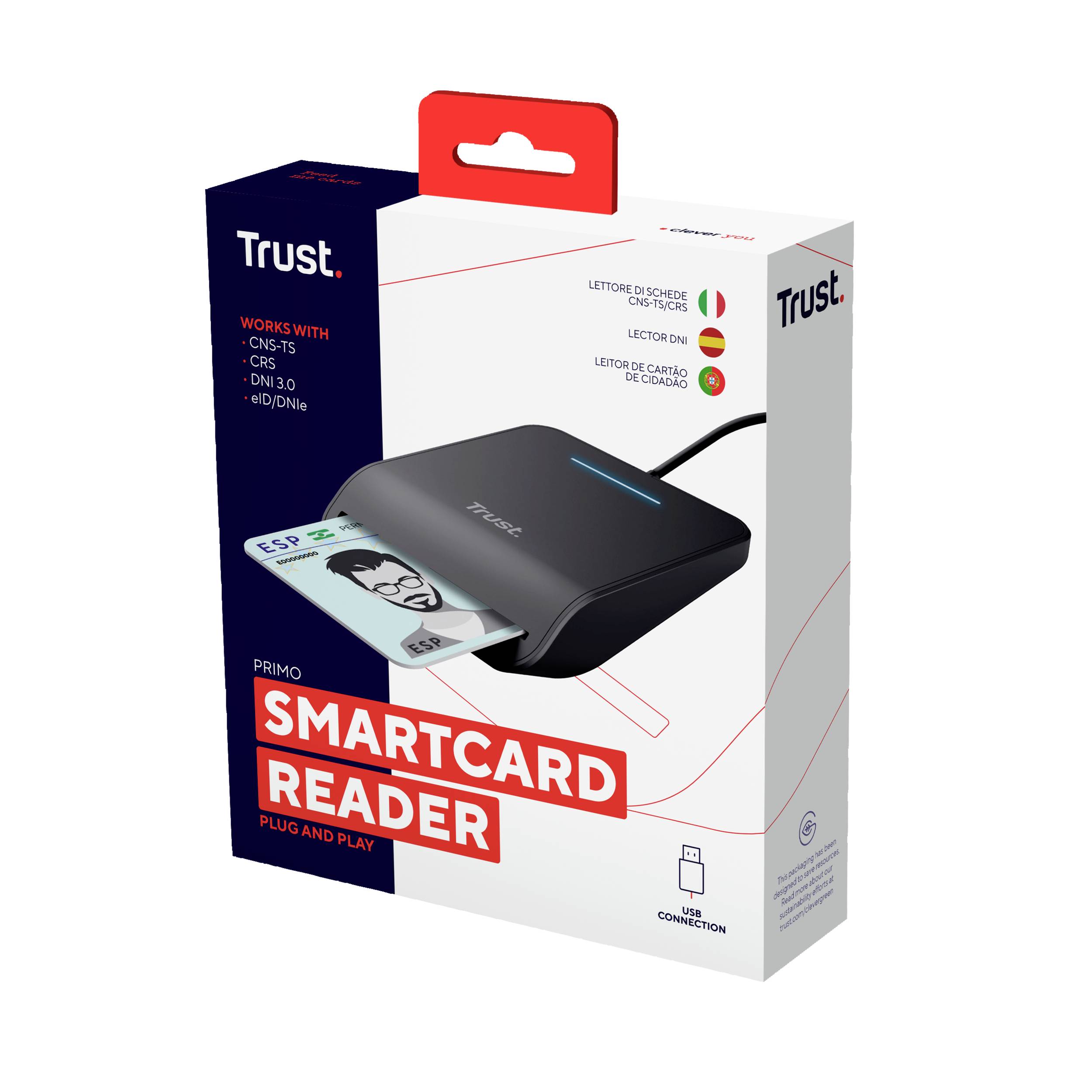 Confezione di un lettore di smart card del marchio Trust, modello Primo. Supporto per CKR15 e DIN 3.0; connessione USB.