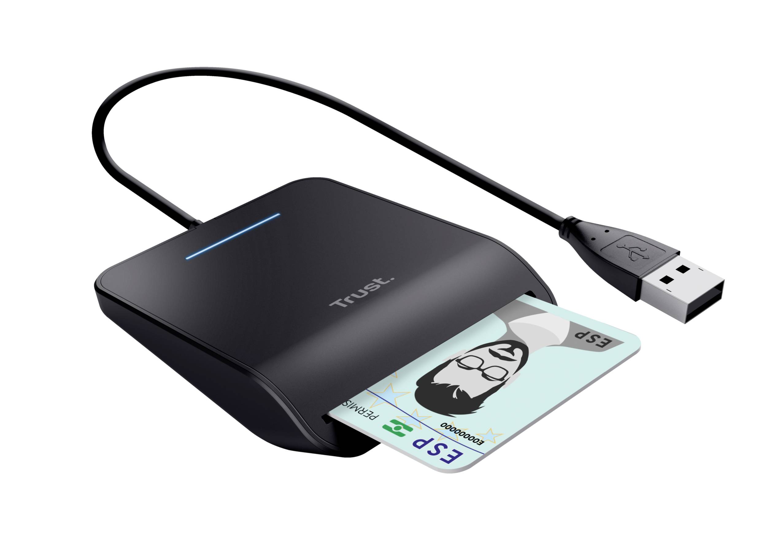 Un lettore di schede USB con una carta a chip inserita. Il lettore è nero con una striscia blu, la carta mostra un'immagine e del testo.