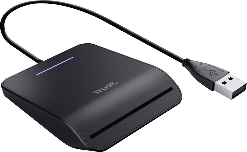 Un lettore di schede nero 'Trust' con cavo di connessione USB. Ideale per la lettura di schede come SD, perfetto per computer e laptop.