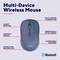Illustrazione di un mouse wireless blu con etichette: 'Tasti Silenziosi', 'Design Compatto', 'Batteria di Lunga Durata', 'Connessione Multi-Dispositivo', 'Velocità Selezionabile fino a 1600 DPI', 'Design Sostenibile'.