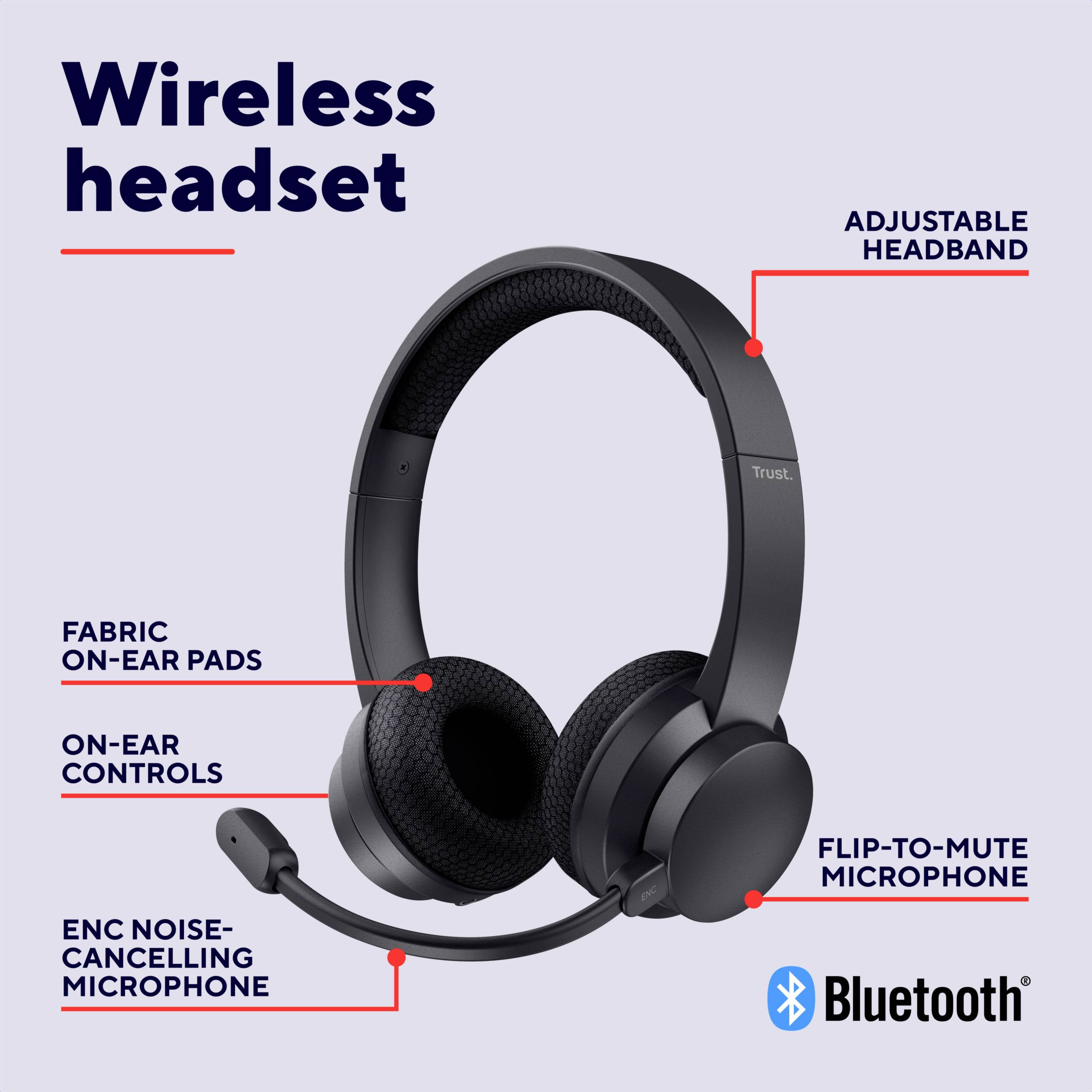 Cuffie wireless con fascia regolabile, cuscinetti auricolari in tessuto, controlli sull'padiglione auricolare, microfono con cancellazione del rumore ENC e funzione mute a scomparsa. Compatibile Bluetooth.