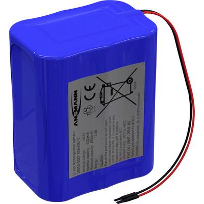 Blocco batteria blu con cavi di collegamento e un'etichetta con avvertenze di sicurezza e marchio CE.