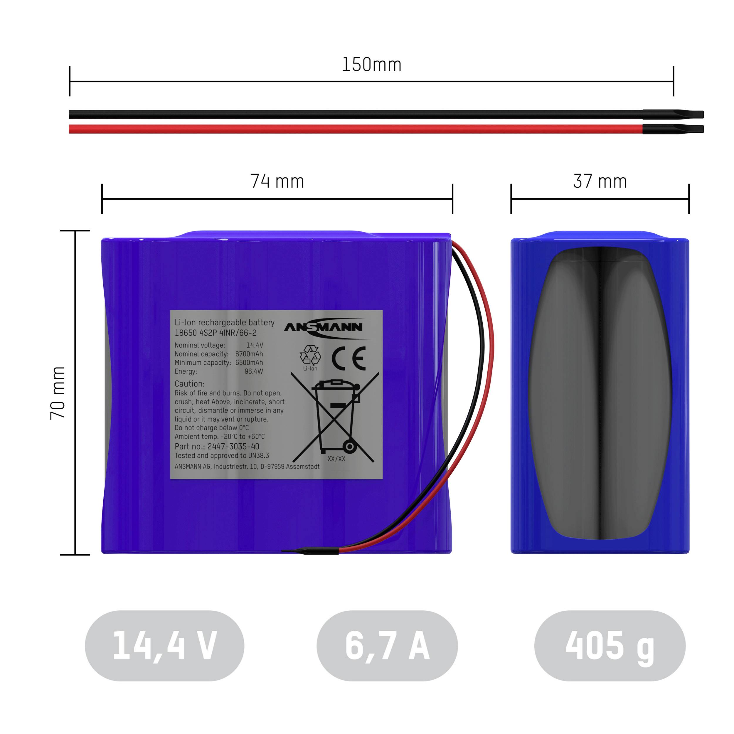 Batteria blu, ricaricabile agli ioni di litio con 14,4 V, 6,7 A e 405 g. Dimensioni: 150 mm di lunghezza, 74 mm di larghezza, 37 mm di profondità.