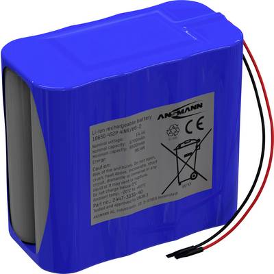 Batteria agli ioni di litio blu con cavi e targhetta con dettagli tecnici, come capacità, voltaggio e avvertenze di sicurezza.