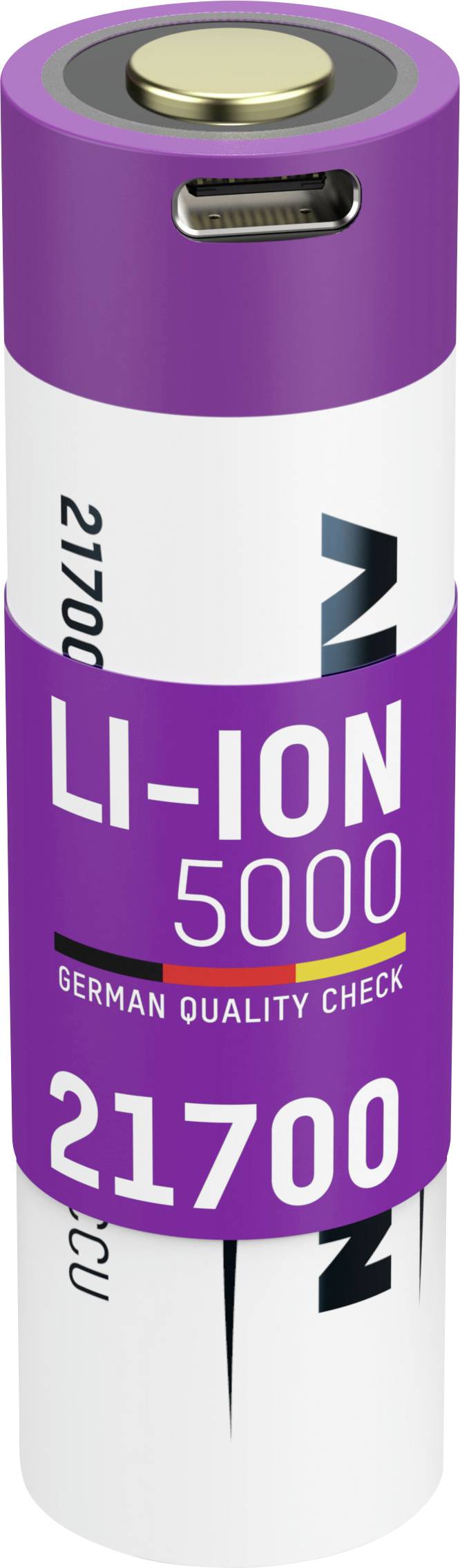 Batteria agli ioni di litio viola e bianca da 5000 mAh, modello 21700, con scritto 'German Quality Check' e porta USB-C in alto.