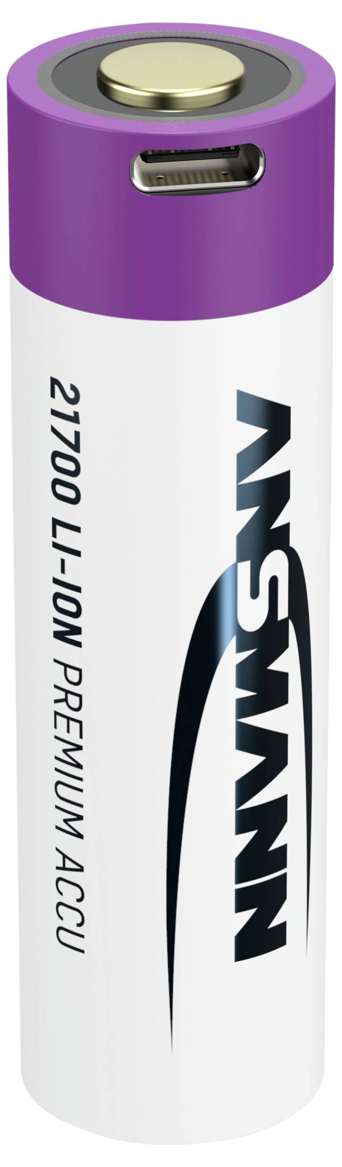 Una cella agli ioni di litio bianca e viola con la scritta 'ANSMANN 21700 Li-Ion Premium Accu'.