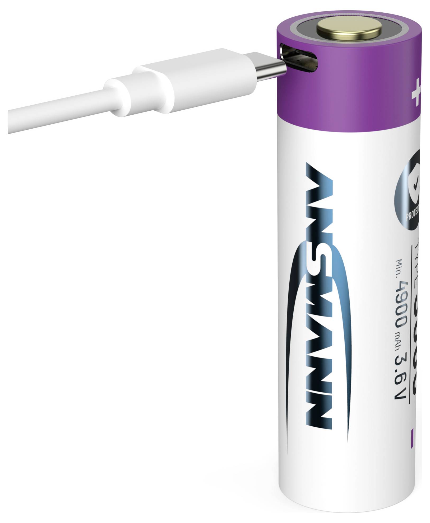 Lilla e cella batteria bianca con connettore USB-C che collega un cavo. Capacità e voltaggio sono indicati sul lato.