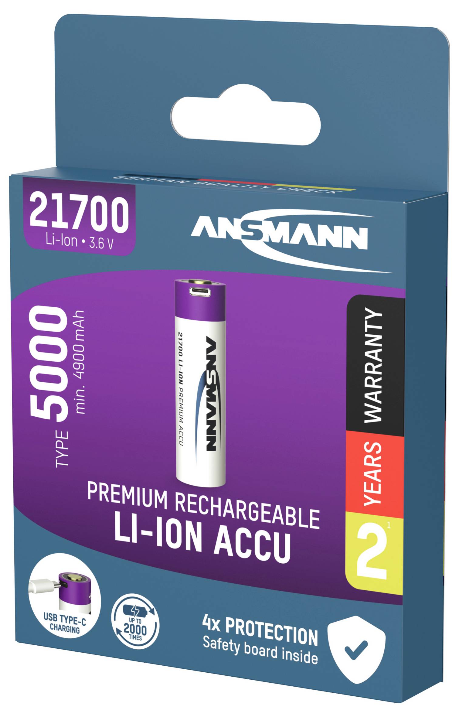 Confezione di una batteria ricaricabile Li-Ion del marchio Ansmann, tipo 21700, 5000 mAh, con 2 anni di garanzia e protezione quadrupla.