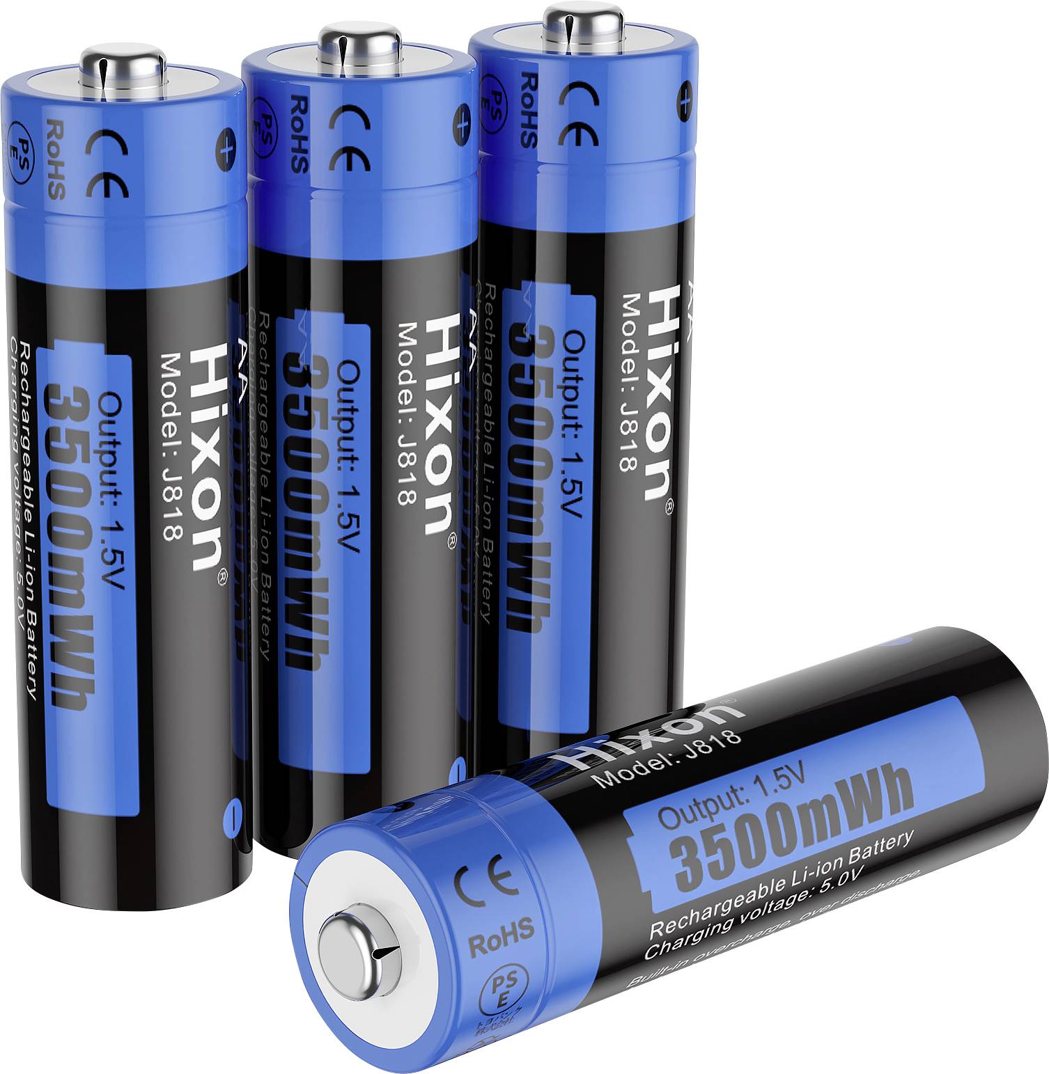 Quattro batterie ricaricabili AA da 1,5V con involucro blu e nero, con scritta '3500mWh', contrassegnate come modello JB18 di Hixon.
