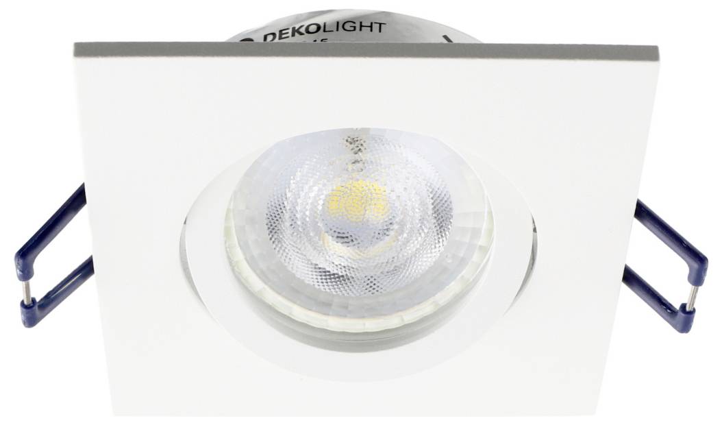 Faretto LED quadrato da incasso bianco con lente circolare centrale e molle di fissaggio su entrambi i lati.