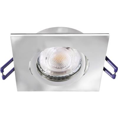 Faretto da incasso con cornice quadrata argentata e lampada LED visibile. Ideale per soluzioni di illuminazione moderne.