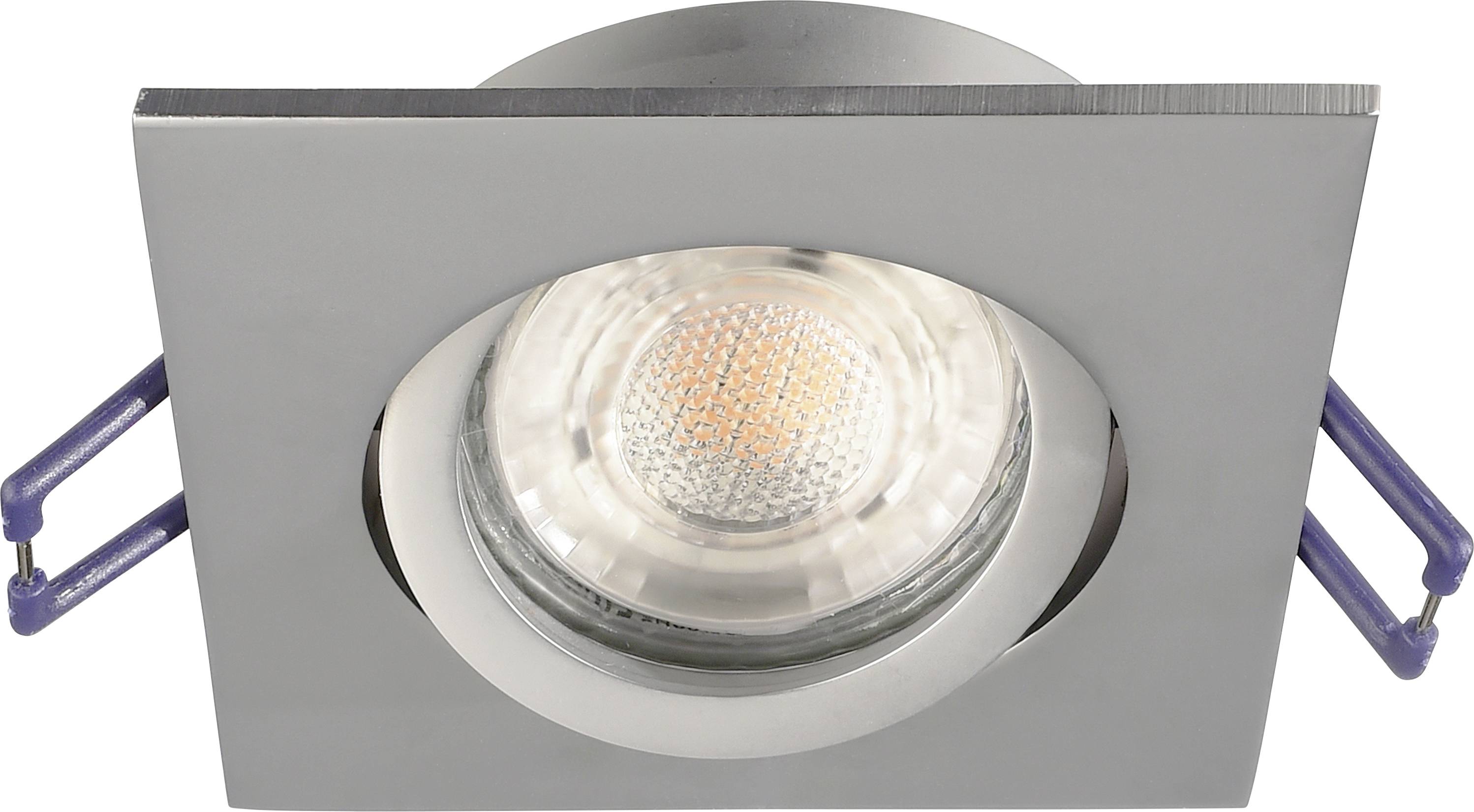 Faretto da incasso con cornice quadrata argentata e spot LED orientabile; ideale per illuminazione interna moderna.