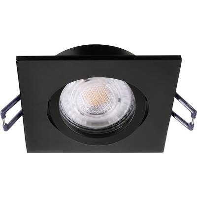 Faretto da incasso con cornice quadrata nera e modulo luminoso rotondo. Adatto per installazioni a soffitto moderne.