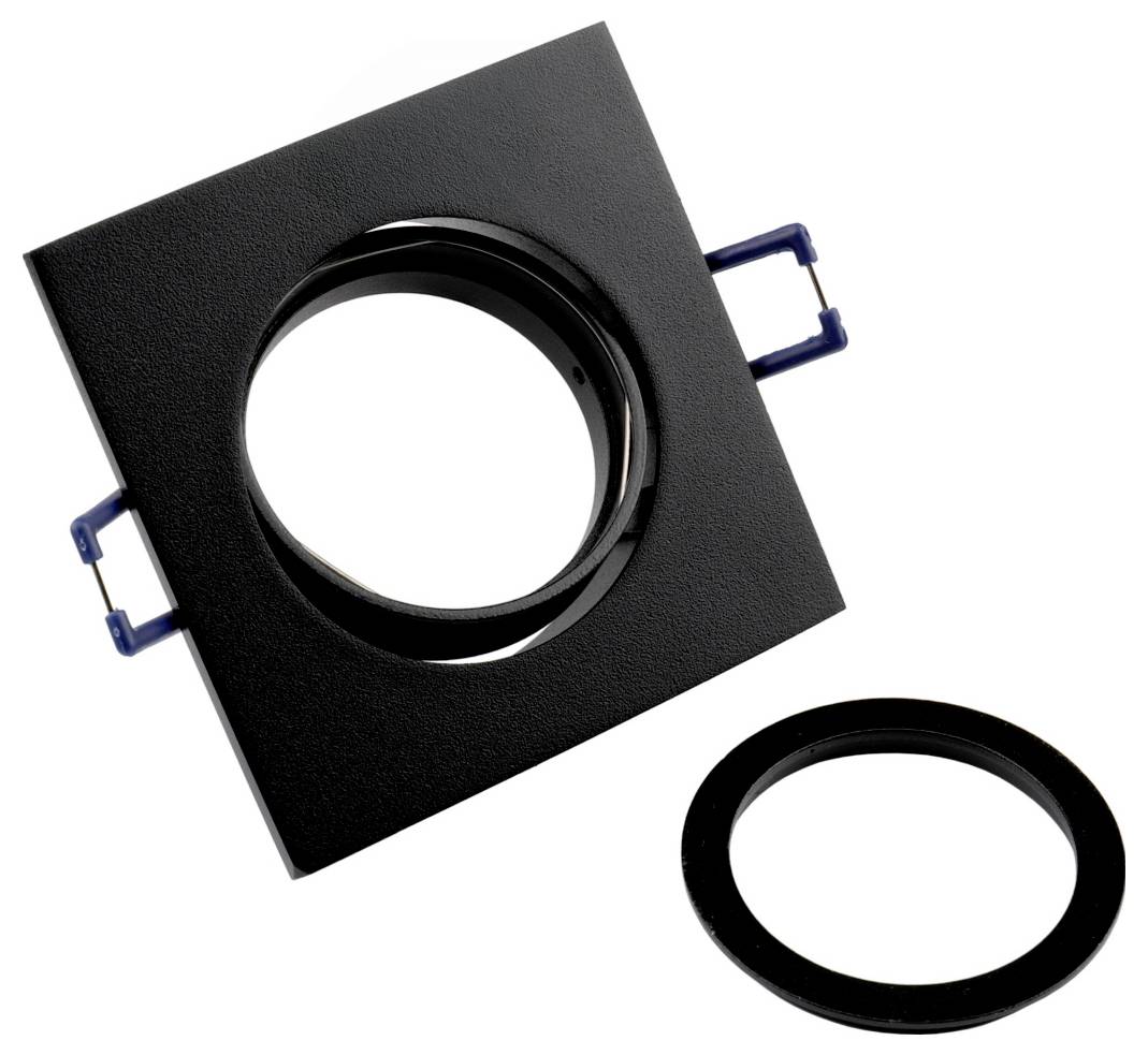 Rifinitura per faretto da incasso di forma quadrata nera, con un anello circolare nero separato accanto.