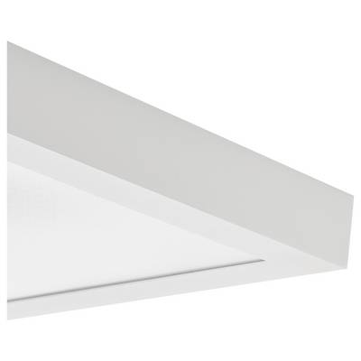 Un pannello LED bianco rettangolare con cornice sottile, montato su un soffitto bianco, mostra un design di illuminazione moderno.