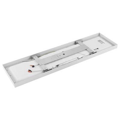 Pannello LED rettangolare, con retro dotato di guida di montaggio ed elettronica visibile, idoneo per installazione a soffitto.