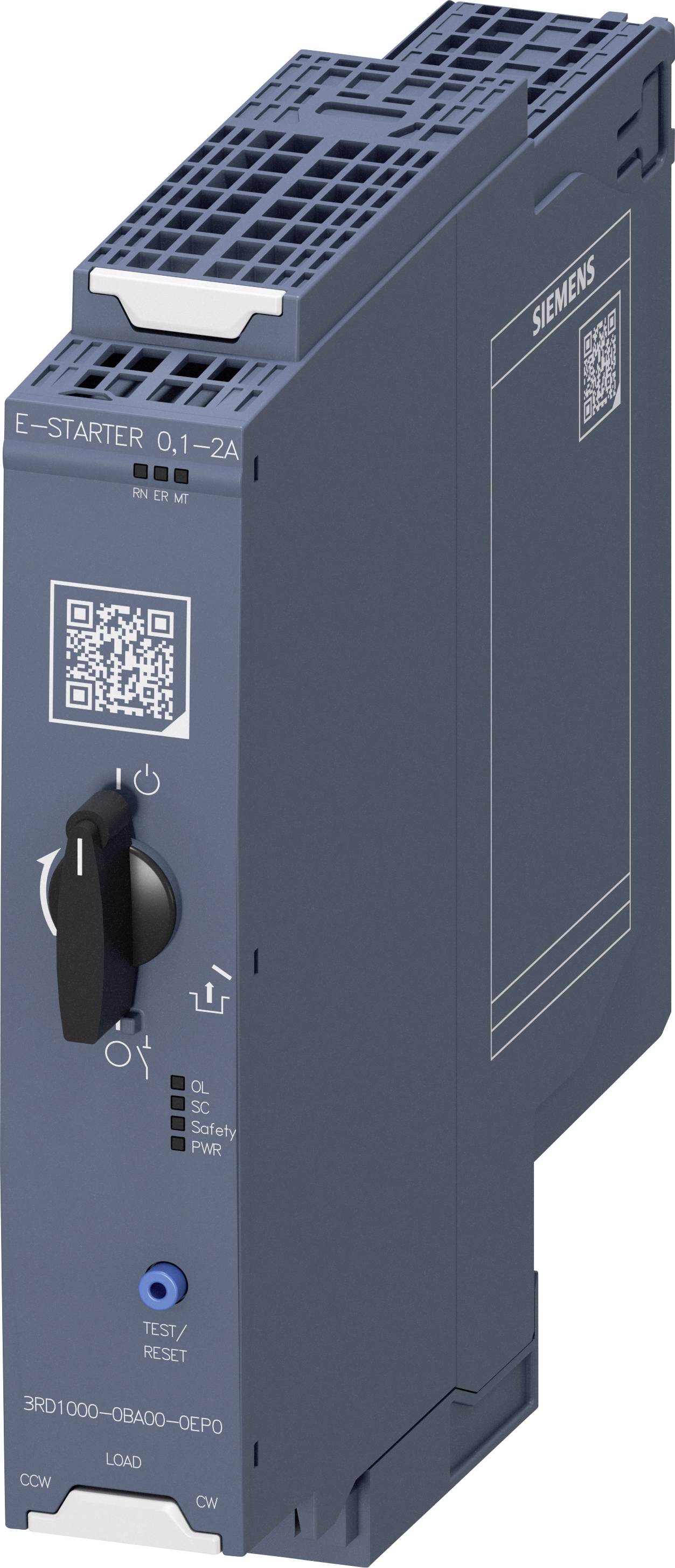 Un dispositivo elettrico di controllo Siemens con un interruttore rotativo, codice QR e etichette per la gestione di carichi elettrici.