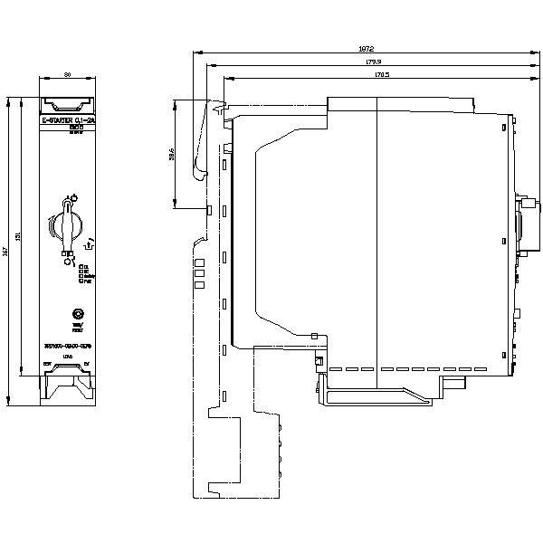 Disegno tecnico di un dispositivo elettrico con dimensioni precise. Mostra la vista laterale con una scala in millimetri.