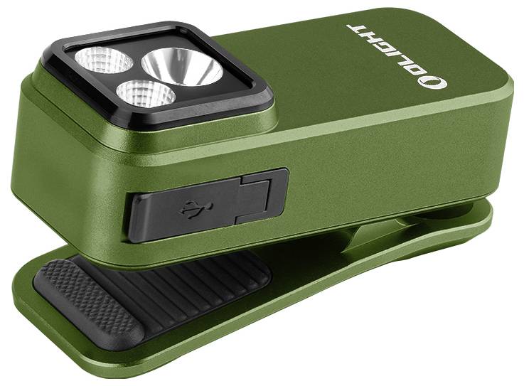 Lampada LED portatile verde con connessione USB e clip di fissaggio. Ideale per l'illuminazione a mani libere in diverse situazioni.