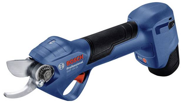 Forbice da giardino a batteria Bosch, manico blu, lame affilate. Ideale per tagli precisi nei giardini.