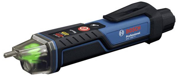 Tester elettronico di tensione Bosch. Dispositivo in colorazione blu e nera con marcatura 'BOSCH Professional' e spia di controllo verde.