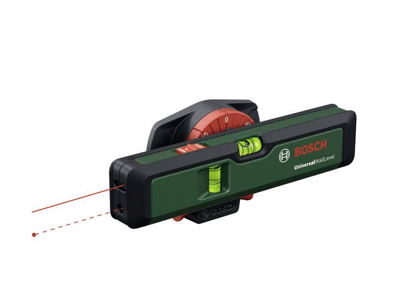 Livella laser Bosch con involucro verde e manopola di regolazione rossa, emette una linea laser rossa. Ideale per un allineamento preciso.
