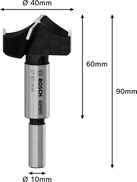Punta Forstner, diametro 40 mm, lunghezza totale 90 mm, diametro dell'attacco 10 mm. Logo Bosch ed etichetta 'EXPERT' sull'attacco.