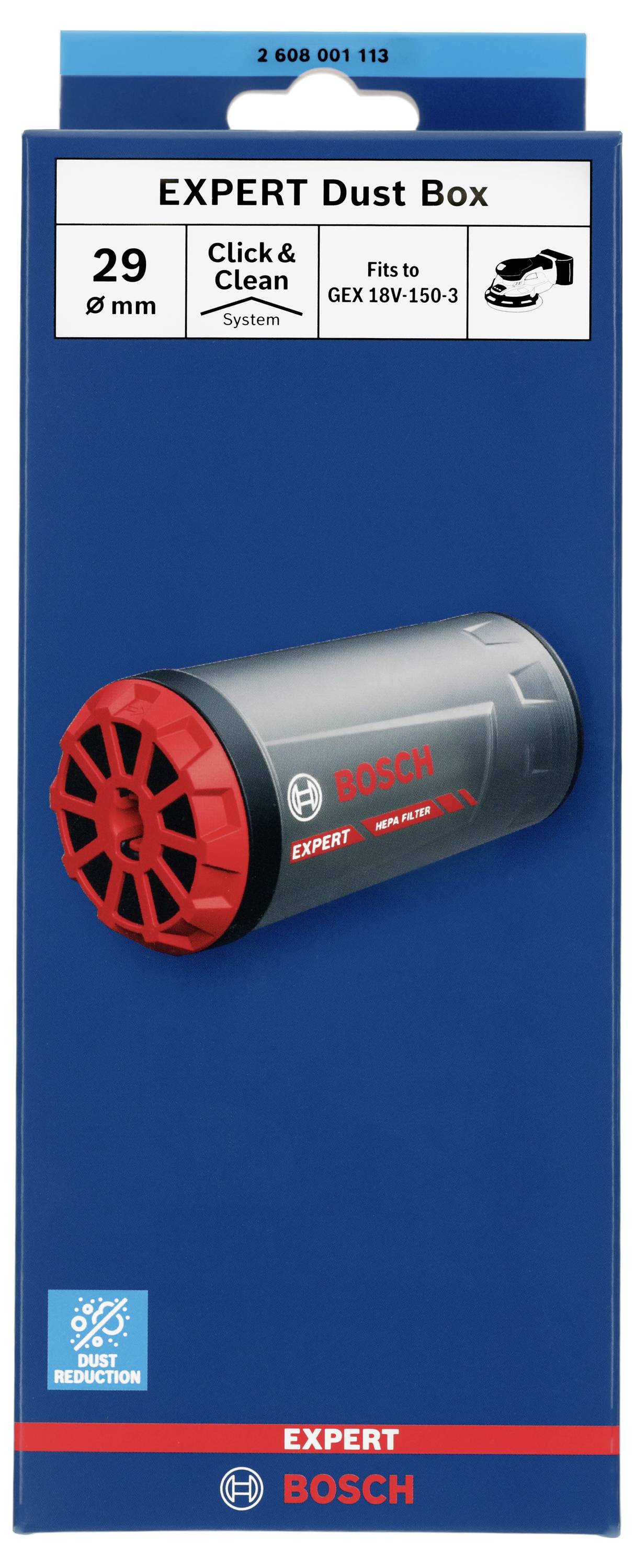 'Bosch Expert Dust Box', compatibile con GEX 18V-150-3, sistema Click & Clean, diametro 29 mm, immagine della scatola della polvere con coperchio rosso.